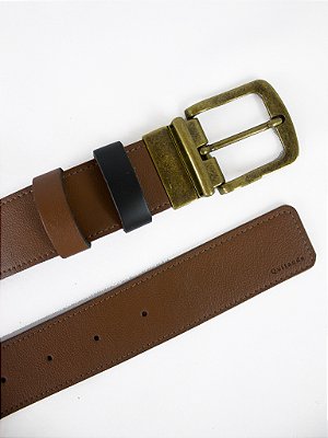 Cinto Dupla Face Preto & Marrom Fivela Ouro Velho