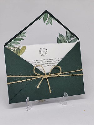 Convite Casamento verde forrado com sisal