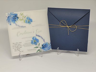 Convite Casamento Azul Flores Aquarela