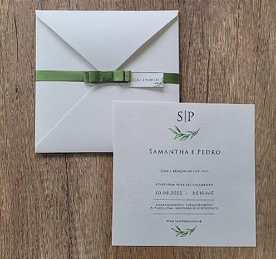 Convite Casamento Linho Minimalista folhas verdes