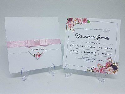 Convite de casamento branco floral rosa