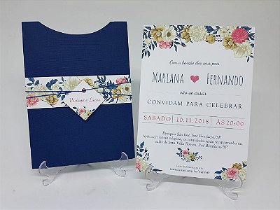Convite para casamento azul marinho floral