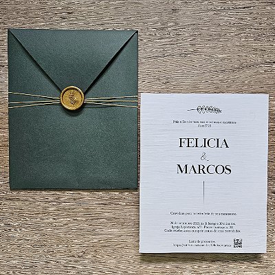 Convite casamento verde e dourado lacre de cera