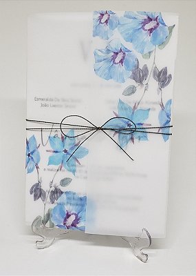 Convite casamento flor azul papel vegetal