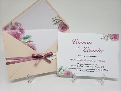 Convite de Casamento flores envelope revestido forrado