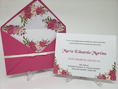 Convite de aniversario pink floral chique forrado
