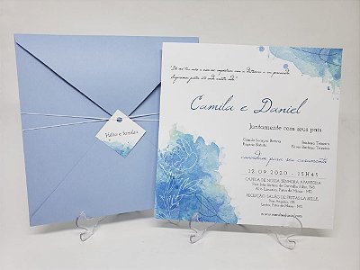 Convite casamento azul serenity em aquarela