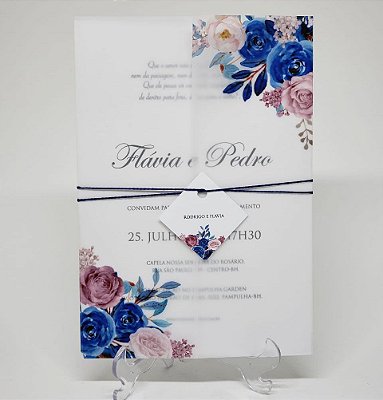 Convite casamento simples papel vegetal rose e azul