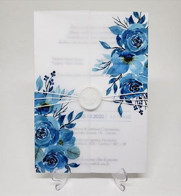 Convite casamento azul com lacre de cera papel vegetal