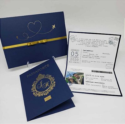 Convite casamento passaporte azul e dourado
