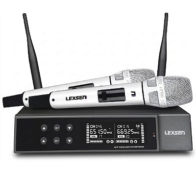 Microfone sem Fio de Mão Duplo Branco Lexsen NXS702 WH HT2 Bateria Recarregável