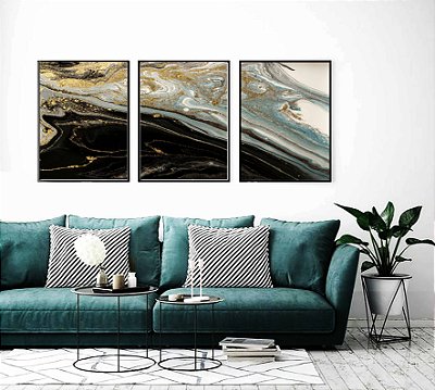 MÁRMORE AZUL E PRETO - Composição com 3 Quadros