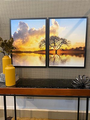 QUADROS PAISAGEM POR DO SOL MOLDURA PRETA E IMPRESSÃO EM CANVAS