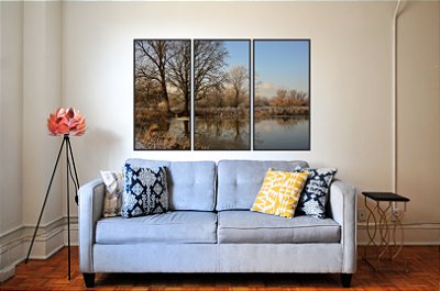 QUADROS LAGO COM ÁRVORES SECAS - MOLDURA PRETA 9COMPOSIÇÃO 3 QUADROS)