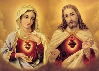 Impressão em Canva Religioso Sagrado Coração de Jesus e Maria