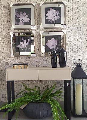 QUADROS FLORES PRETO E BRANCO COM MARGEM DE ESPELHO 45 x 45 cm CADA KIT 4 QUADROS
