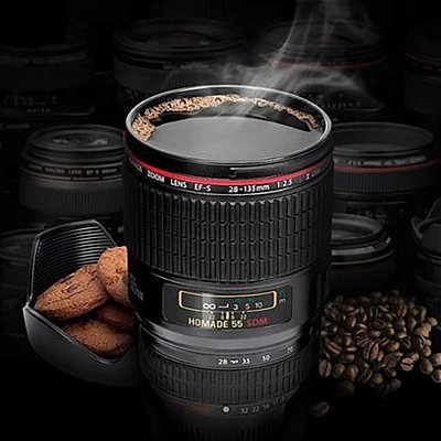 Caneca Lente Fotográfica Térmica 450 ml em Inox Com Tampa