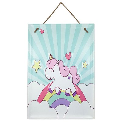 Placa de Metal Alto Relevo Unicórnio Arco Íris