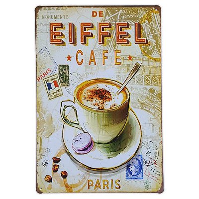 Placa de metal decorativa Retrô De Eiffel Cafe Paris