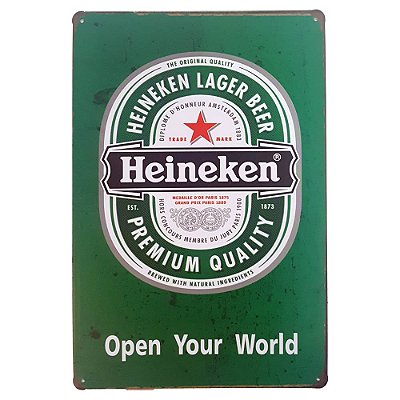 Placa de Metal Decorativa Heineken Open Your World- 30,5 x 15,5 cm