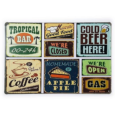 Placa de Metal Food Bar Beer and Coffee - 30 x 20 cm