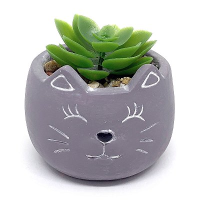 Vasinho Decorativo Gatinho planta suculenta artificial - cinza