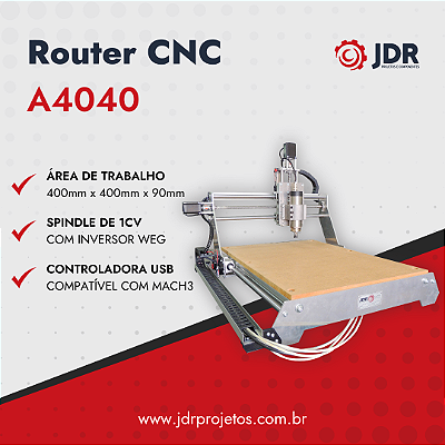 Router CNC - A4040 em Alumínio com Fusos de Esfera + Spindle de 1cv