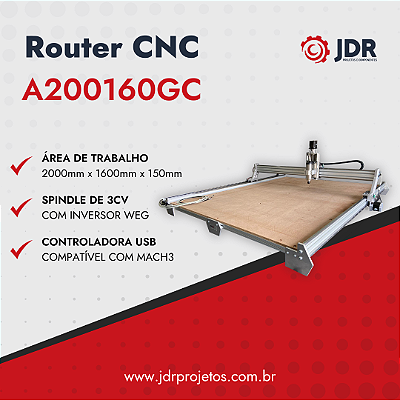 Router CNC - A200160GC em Alumínio com Cremalheiras e Fuso de Esfera + Spindle de 3cv