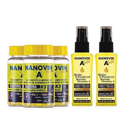 TRATAMENTO 180 DIAS NANOVIN A HAIR - CABELOS e UNHAS e 2 TÔNICO CAPILAR NANOVIN GOLD 60 ML