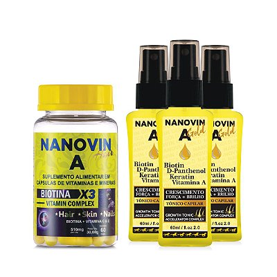 TRATAMENTO 60 DIAS NANOVIN A HAIR - CABELOS E UNHAS e 3 TÔNICO NANOVIN GOLD 60 ML