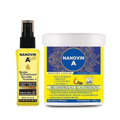 CRESCIMENTO CAPILAR - NANOVIN GOLD 60 ML e MÁSCARA RECONSTRUTORA 500 G