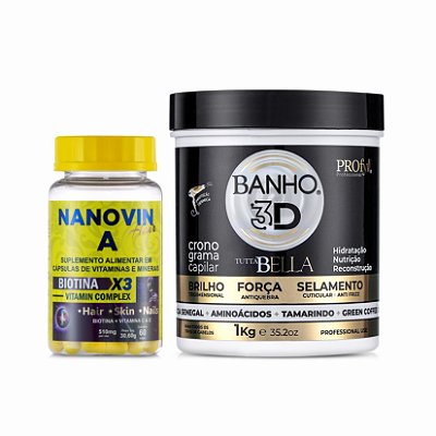 Creme de Tratamento Banho 3D Kg + Suplemento de Vitaminas e Minerais Hair 60 cápsulas