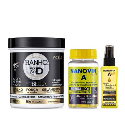Creme de Tratamento Banho 3D Kg + Vitamina de Cabelo 60 Cápsulas + Tônico Capilar 60 ml