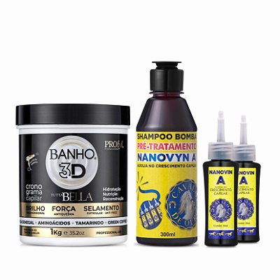 Creme de Tratamento Banho 3D Kg + Shampoo de Crescimento Capilar + Tônico Capilar 30 ml