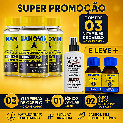 Compre 03 Vitaminas de Cabelo (60 caps cada) e Leve 01 Tônico 240 ml + 02 Óleos Blend Poderoso 30ml