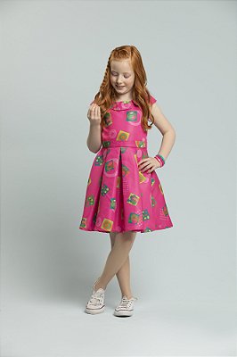 Vestido Málagah Estampado com Gola Pink