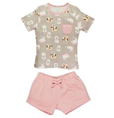 Pijama Curto Grow Up Cachorrinha Rosa Cinza