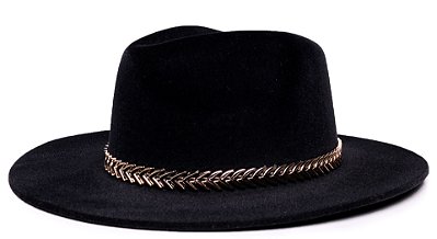 Chapéu Fedora Preto Aba Grande Veludo Preto Faixa Dourada II - Coleção Metalizada