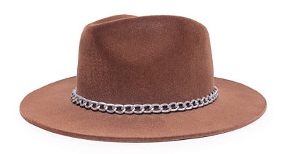Chapéu Fedora Aba Grande Veludo Caramelo Faixa Prata - Coleção Corrente