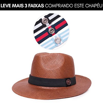Kit Chapéu Panamá Palha Rígida Marrom Aba Média 6,5cm Faixa Preta - Coleção Clássico + 3 Faixas Stripes