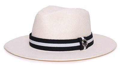 Chapéu Panamá Palha Rígida Creme Aba Média 7cm Faixa Preta Listra Branca - Coleção Stripes