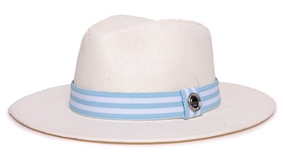 Chapéu Panamá Palha Rígida Creme Aba Média 7cm Faixa Azul Claro Listras Brancas - Coleção Stripes