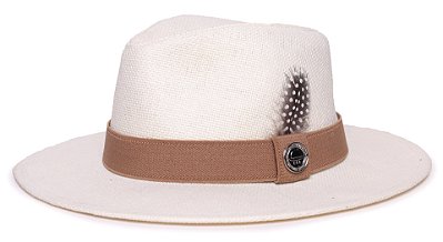 Chapéu Panamá Palha Rígida Creme Aba Média 7cm Faixa Caramelo Pena Angola - Coleção Elástica