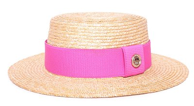 Chapéu Palheta Aba Média Palha Dourada Faixa Rosa Pink - Coleção Elástica Larga