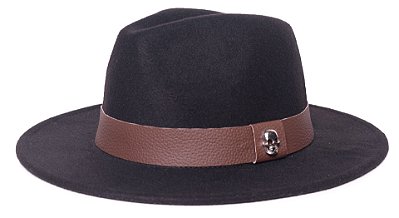 Chapéu Fedora Aba Media 7cm Feltro Preto Faixa Skin Marrom - Coleção Skull