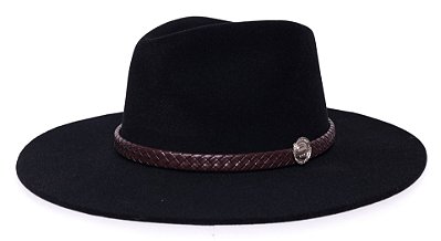 Chapéu Fedora Aba Média 8cm Veludo Preto Faixa Caramelo - Coleção Couro Trançado