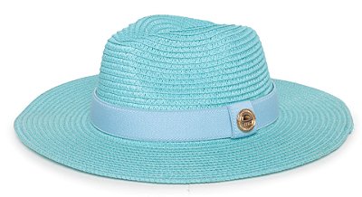 Chapéu Fedora Aba Grande Palha Sintética Azul Ciano Faixa Azul Claro - Coleção Elástica