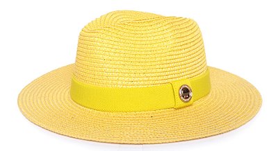 Chapéu Fedora Aba Grande Palha Sintética Amarelo Faixa Amarela - Coleção Elástica