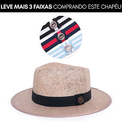 Kit Chapéu Fedora Palha Juta Bege Aba Média Faixa Preta + 3 Faixas Stripes III