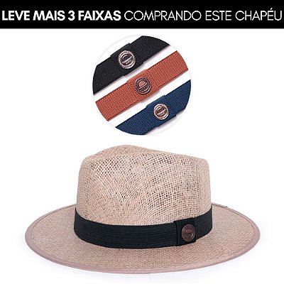 Kit Chapéu Fedora Palha Juta Bege Aba Média Faixa Preta + 3 Faixas Elásticas IX